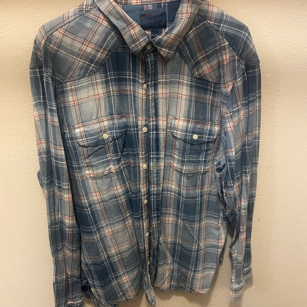 Lucky Brand Blue Plaid Casual Collared Dress Shirt Size X Large